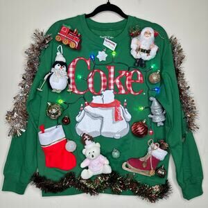Ugly Christmas Sweater Coca Cola Coke LIGHTS UP Tinsel Party Winner Size Medium
